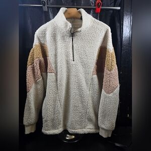 Maurices Women’s Cream‎ Pink Tan Sherpa Sweater Size Large Cozy Fleece Pullover